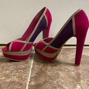 Anne Michelle pink & purple suede peep toe platform shoes